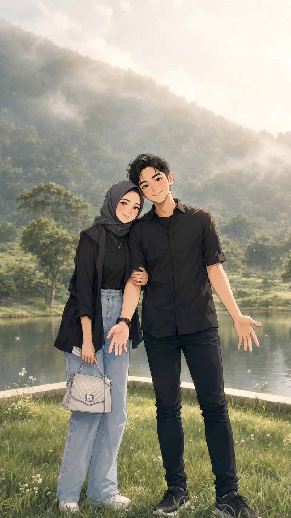 Arif dan Sifa berdiri di taman danau