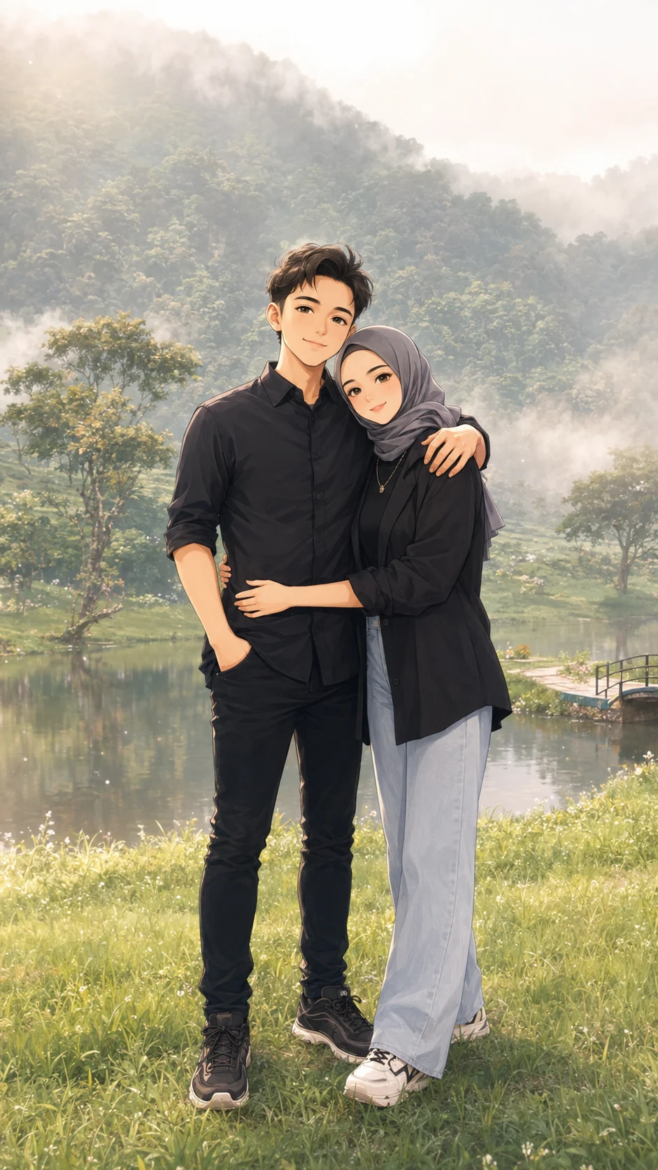 Ilustrasi anime Arif dan Sifa di tepi danau